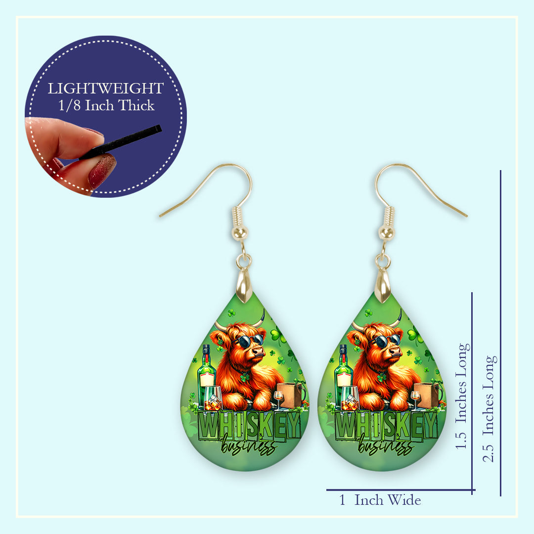 Whiskey Business Highland Cow Teardrop Earrings – Funny St Patrick’s Day Dangle Earrings