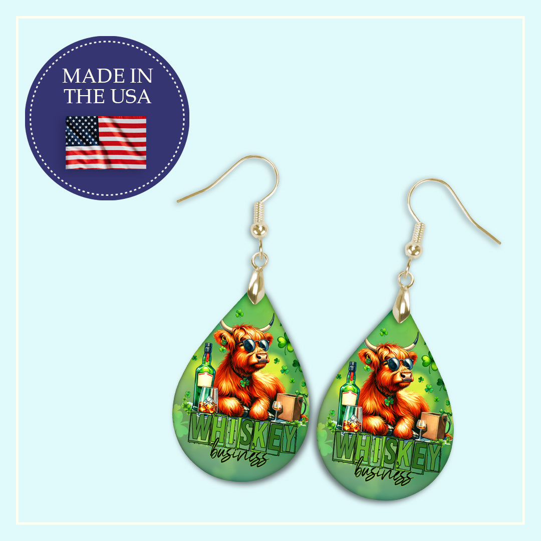Whiskey Business Highland Cow Teardrop Earrings – Funny St Patrick’s Day Dangle Earrings