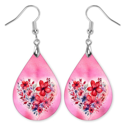 Valentine's Day Floral Heart Teardrop Earrings on white