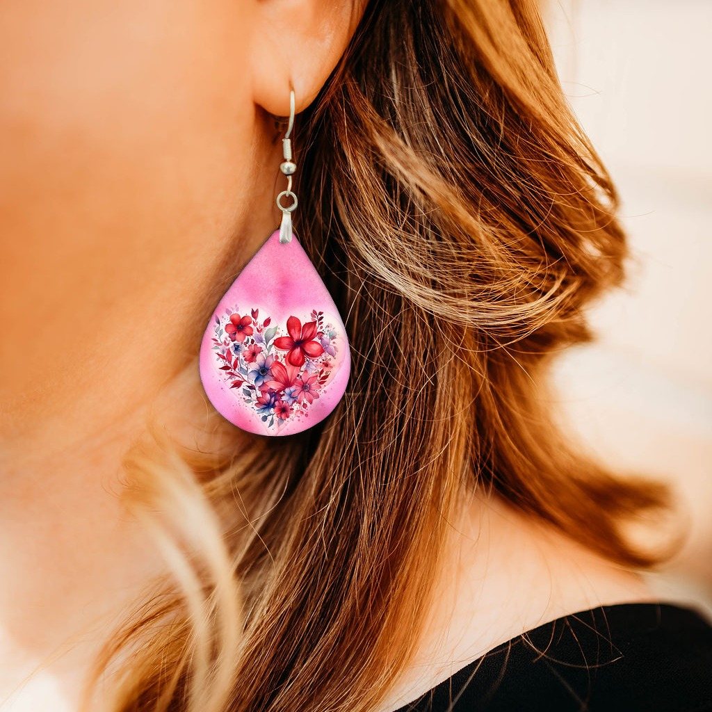 Valentine's Day Floral Heart Teardrop Earrings close-up on model