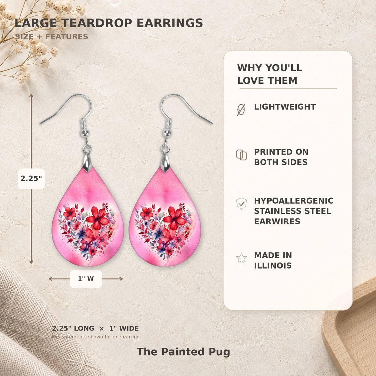 Valentine's Day Floral Heart Teardrop Earrings size guide 2.25 inch