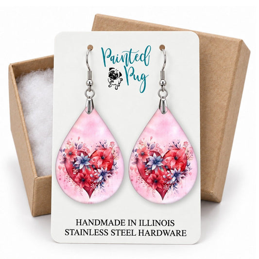 Valentine's Day Floral Heart Teardrop Earrings gift box