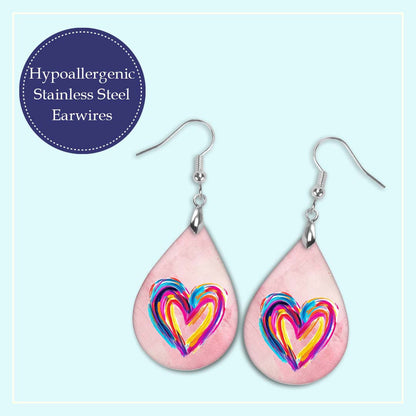 Heart Earrings Pink Watercolor MDF Wood Valentines Day Teardrop Earrings