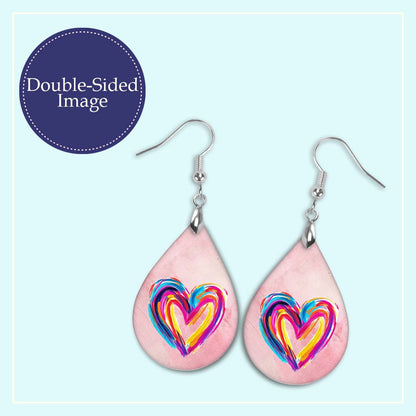 Heart Earrings Pink Watercolor MDF Wood Valentines Day Teardrop Earrings