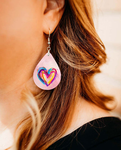 Heart Earrings Pink Watercolor MDF Wood Valentines Day Teardrop Earrings
