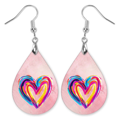 Heart Earrings Pink Watercolor MDF Wood Valentines Day Teardrop Earrings