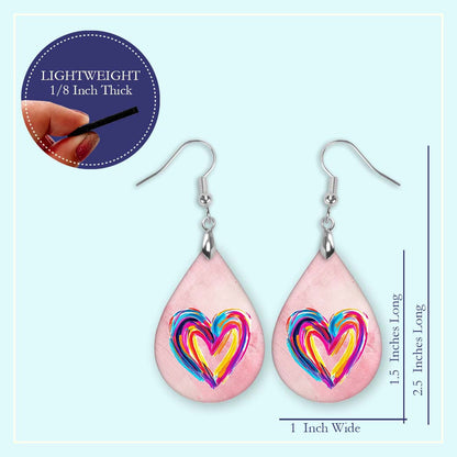 Heart Earrings Pink Watercolor MDF Wood Valentines Day Teardrop Earrings