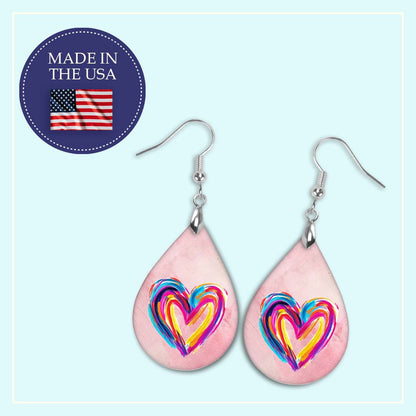 Heart Earrings Pink Watercolor MDF Wood Valentines Day Teardrop Earrings
