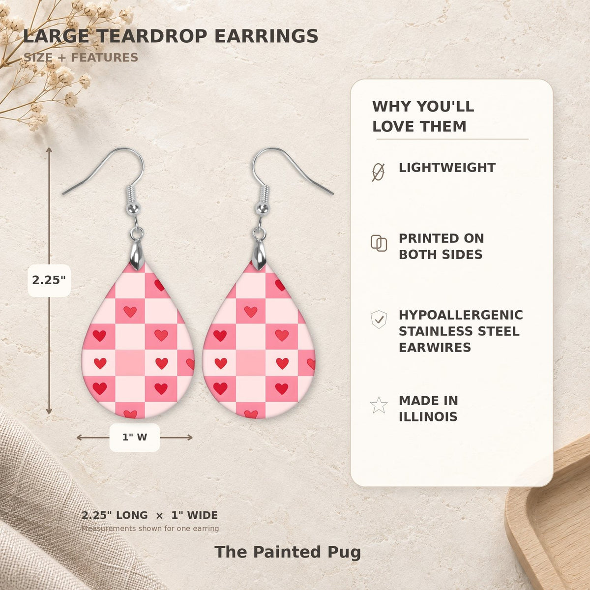 Heart Teardrop Earrings size guide 2.25 inch