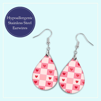 Heart Earrings Red Pink MDF Teardrop Dangle for Valentine's Day Gifts