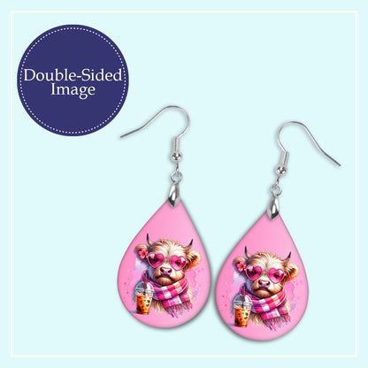 Valentine Cow Teardrop Earrings – Pink Heart Sunglasses Cow Dangles