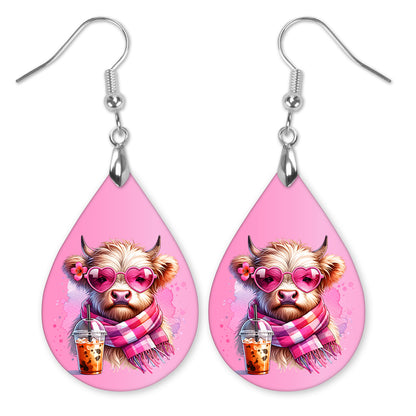 Valentine Cow Teardrop Earrings – Pink Heart Sunglasses Cow Dangles