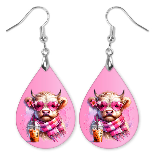 Valentine Cow Teardrop Earrings – Pink Heart Sunglasses Cow Dangles