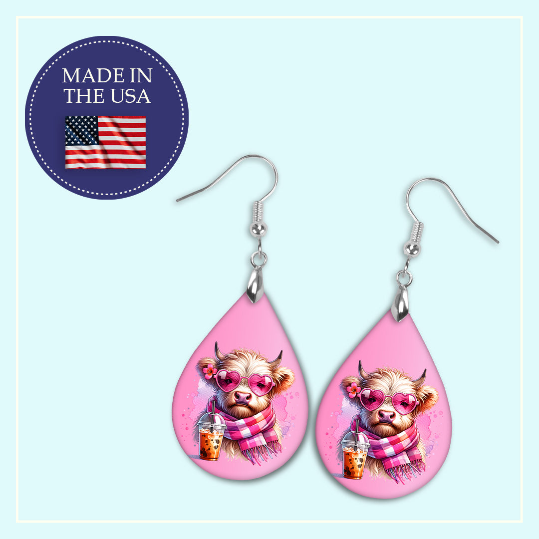 Valentine Cow Teardrop Earrings – Pink Heart Sunglasses Cow Dangles