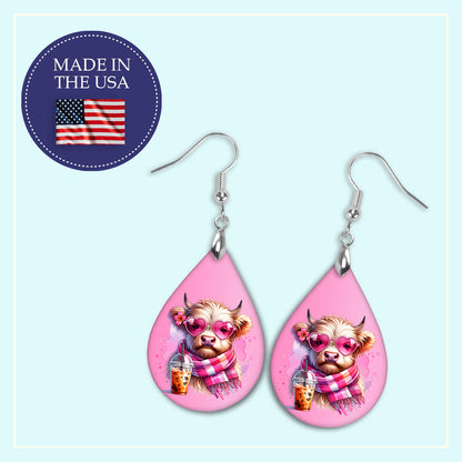 Valentine Cow Teardrop Earrings – Pink Heart Sunglasses Cow Dangles