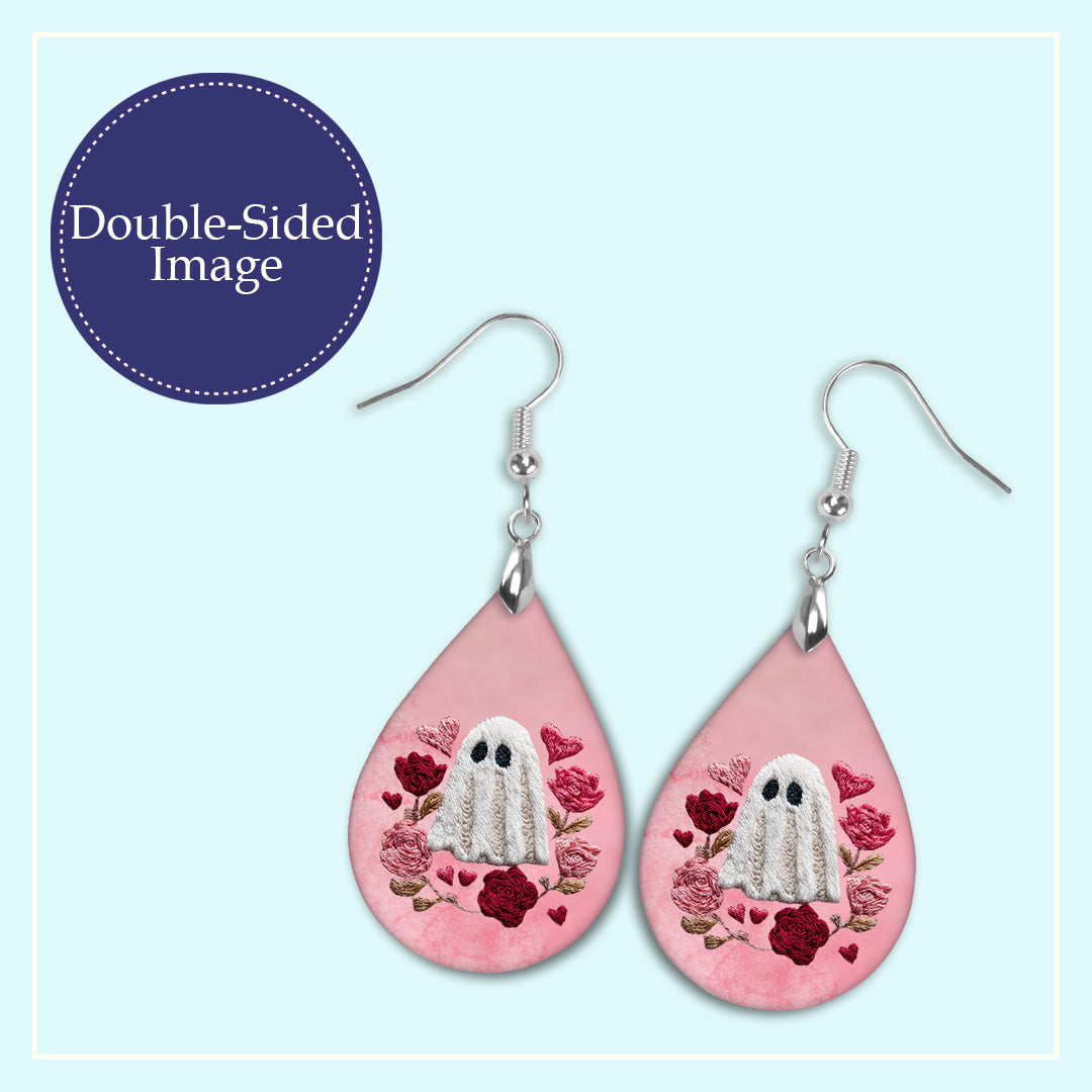 Valentine Ghost Teardrop Earrings – Pink Floral Valentine Dangle Earrings