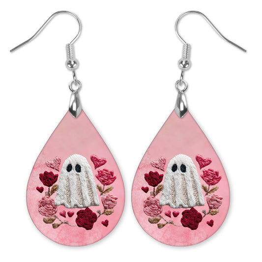 Valentine Ghost Teardrop Earrings – Pink Floral Valentine Dangle Earrings