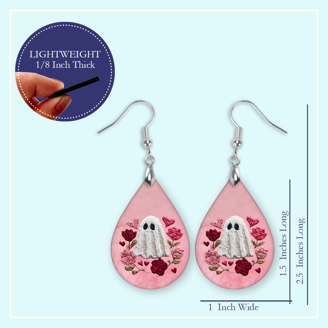 Valentine Ghost Teardrop Earrings – Pink Floral Valentine Dangle Earrings