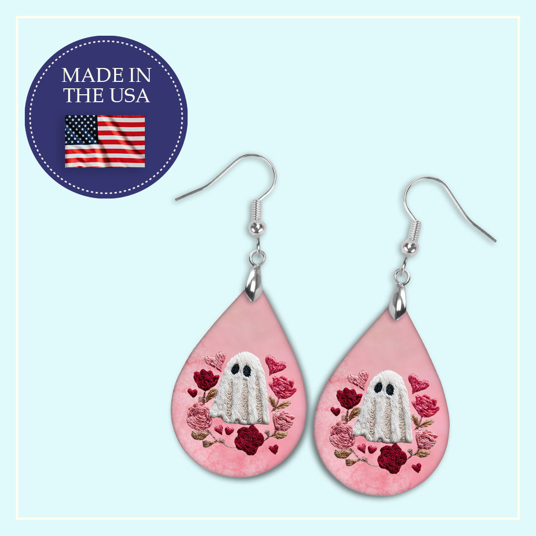 Valentine Ghost Teardrop Earrings – Pink Floral Valentine Dangle Earrings