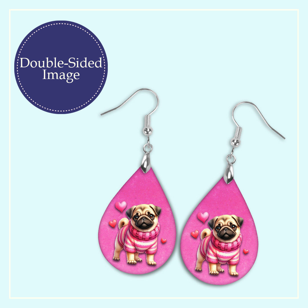 Valentine Pug Teardrop Earrings – Pink Dog Valentine Dangle Earrings