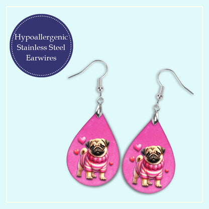 Valentine Pug Teardrop Earrings – Pink Dog Valentine Dangle Earrings