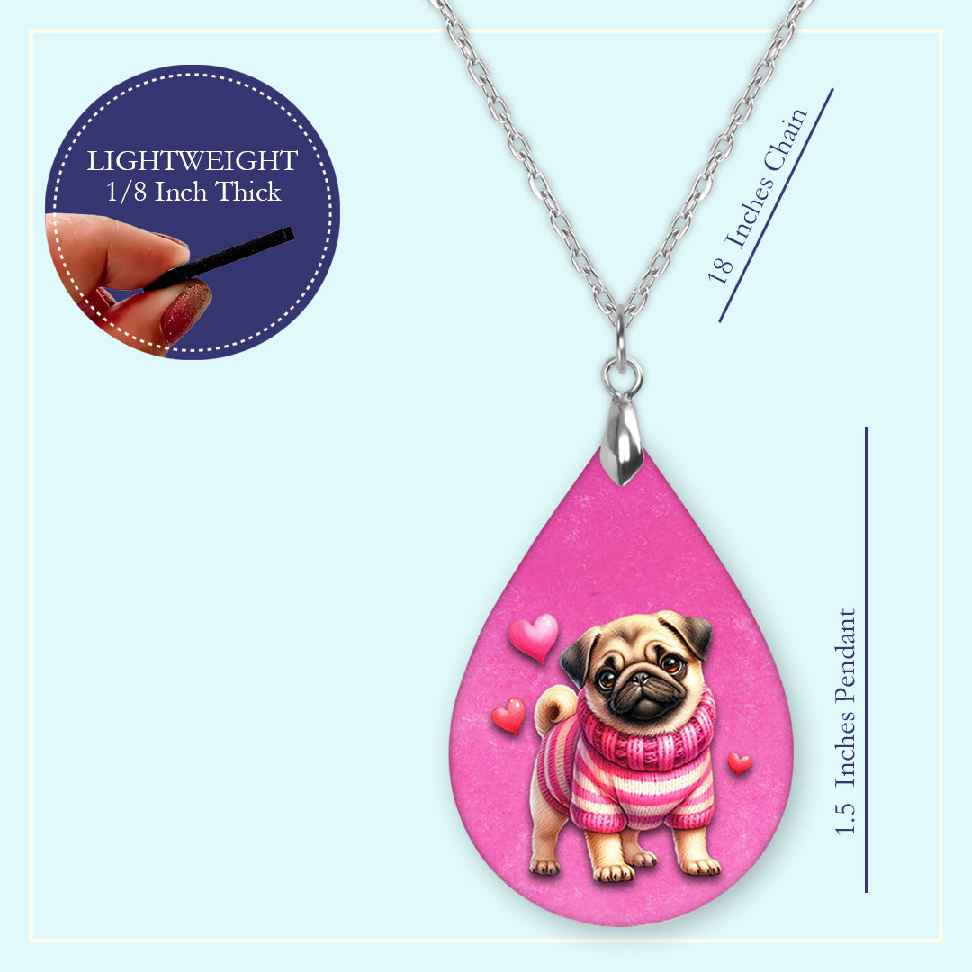 Valentine Pug Teardrop Necklace – Pink Pug Valentine Pendant Necklace
