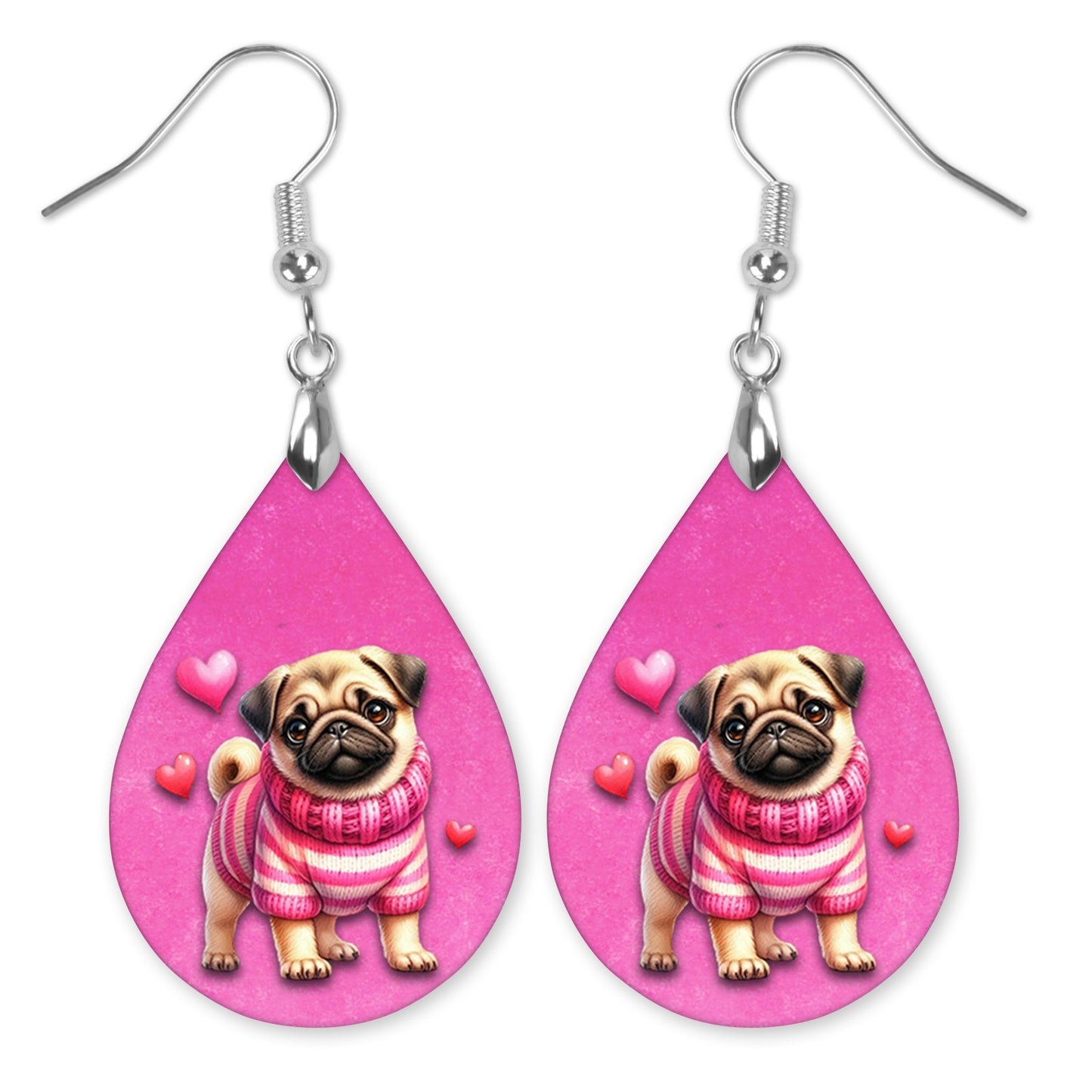 Valentine Pug Teardrop Earrings – Pink Dog Valentine Dangle Earrings