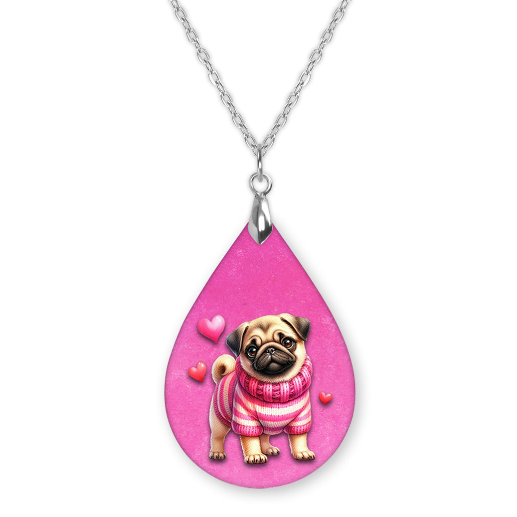 Valentine Pug Teardrop Necklace – Pink Pug Valentine Pendant Necklace