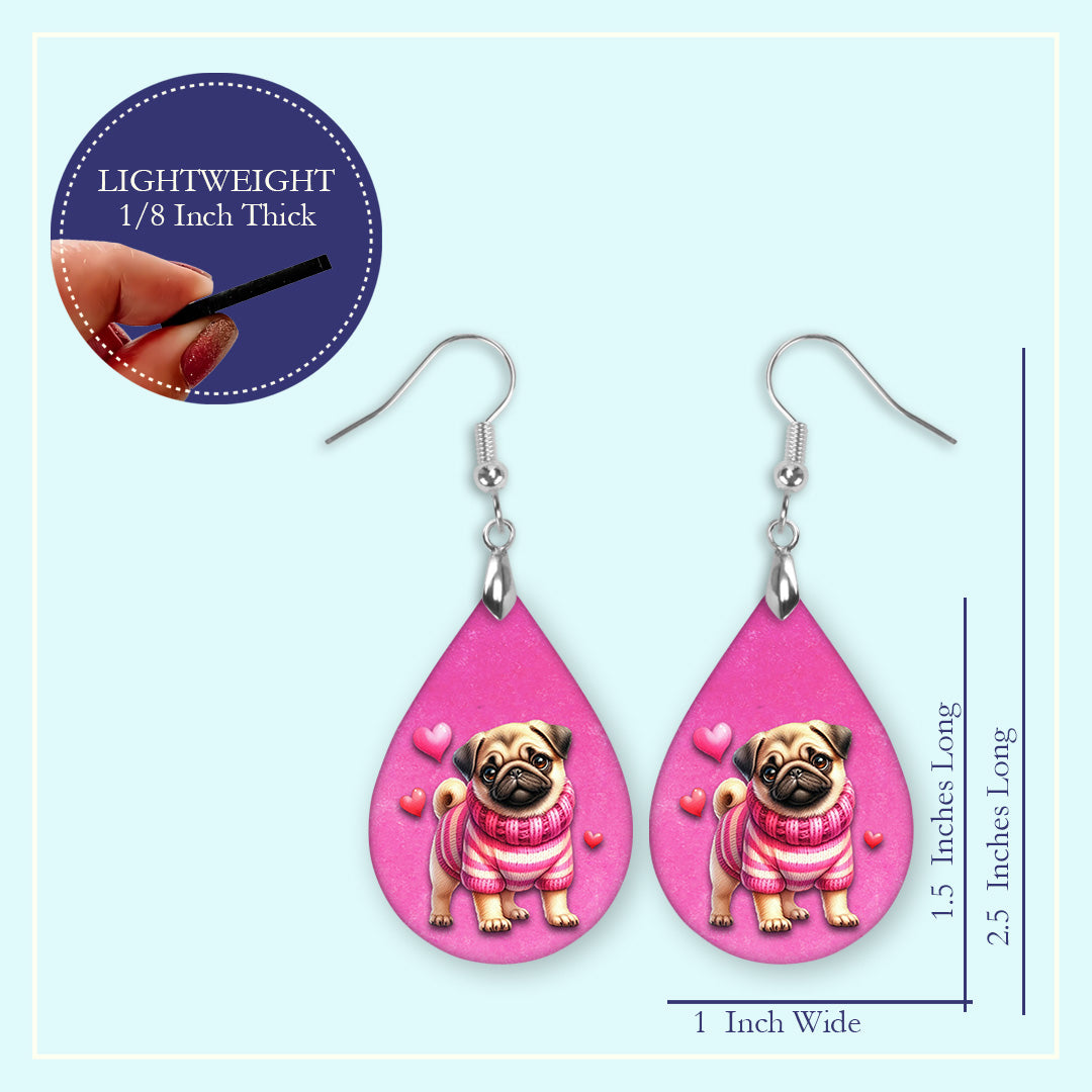 Valentine Pug Teardrop Earrings – Pink Dog Valentine Dangle Earrings