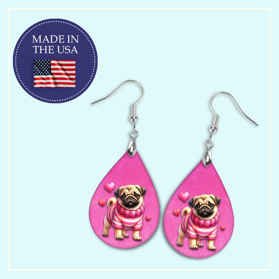 Valentine Pug Teardrop Earrings – Pink Dog Valentine Dangle Earrings