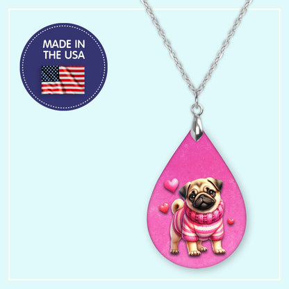Valentine Pug Teardrop Necklace – Pink Pug Valentine Pendant Necklace