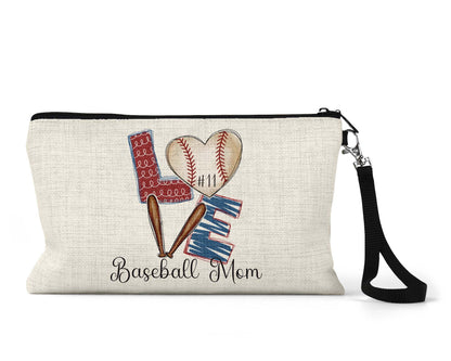 Baseball Mom heart and bats Makeup Bag front view on a white background