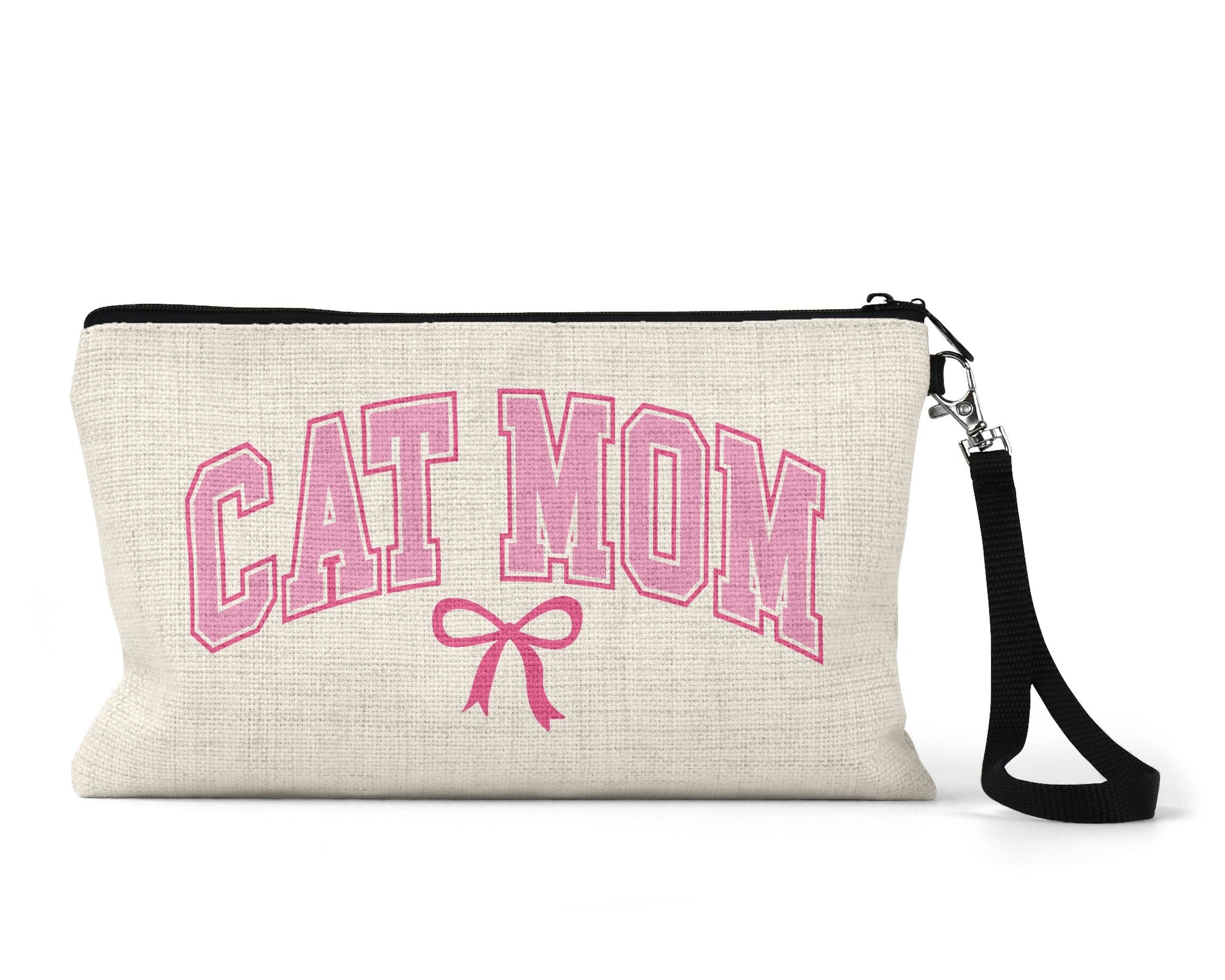 Cat Mom varsity bow Makeup Bag front view on a white background