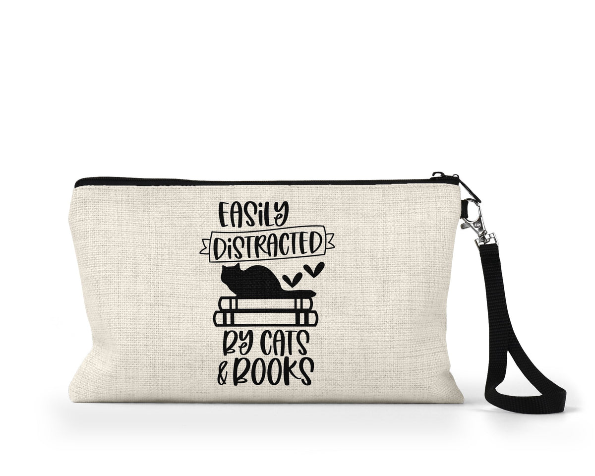Easily Distracted by Cats and Books Makeup Bag front view on a white background