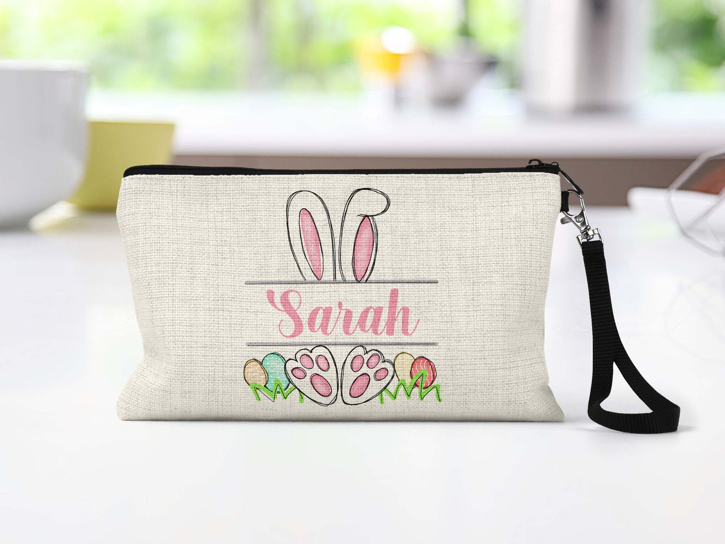 Personalized Easter bunny name makeup bag wristlet
