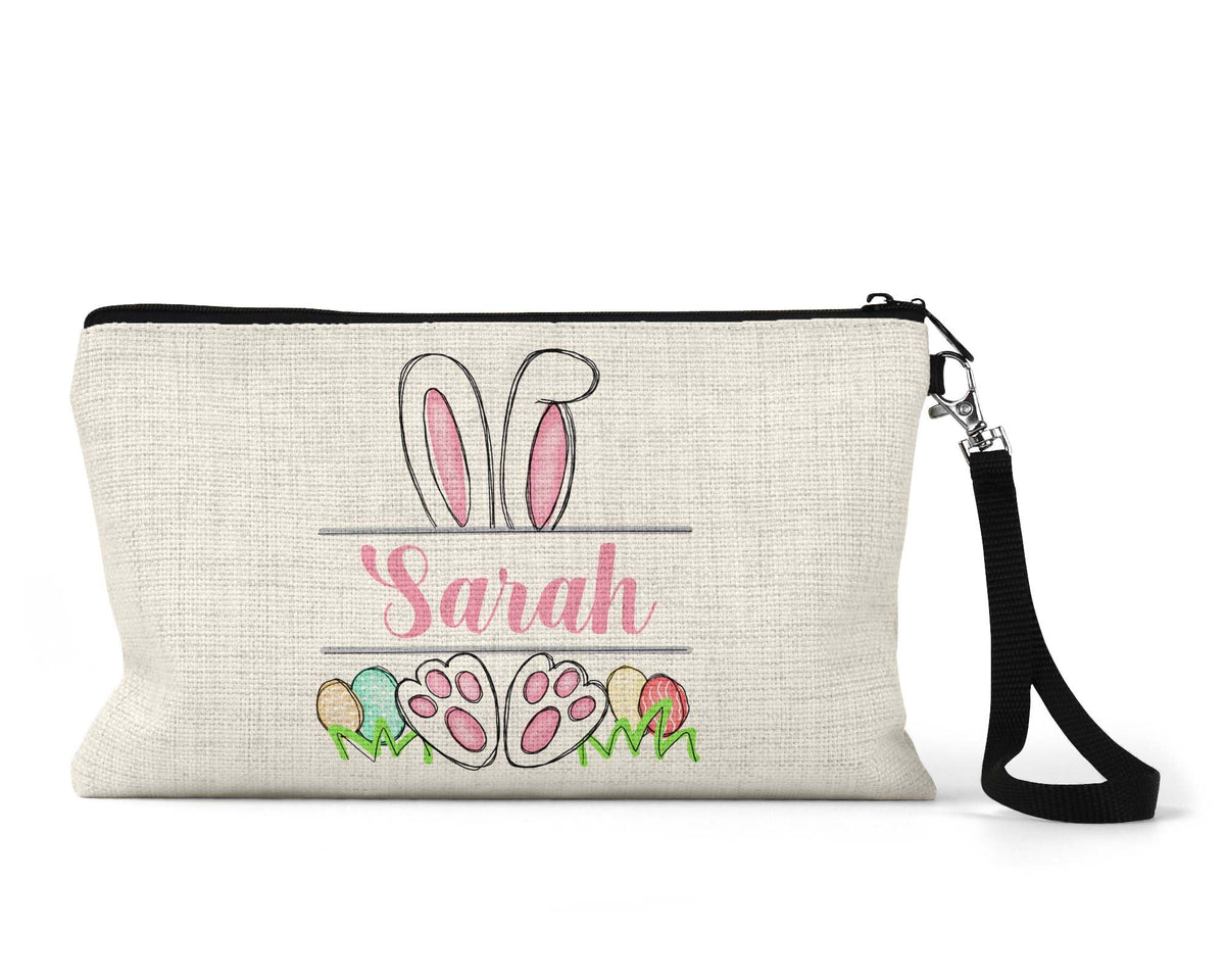 Personalized Easter bunny name makeup bag on counter