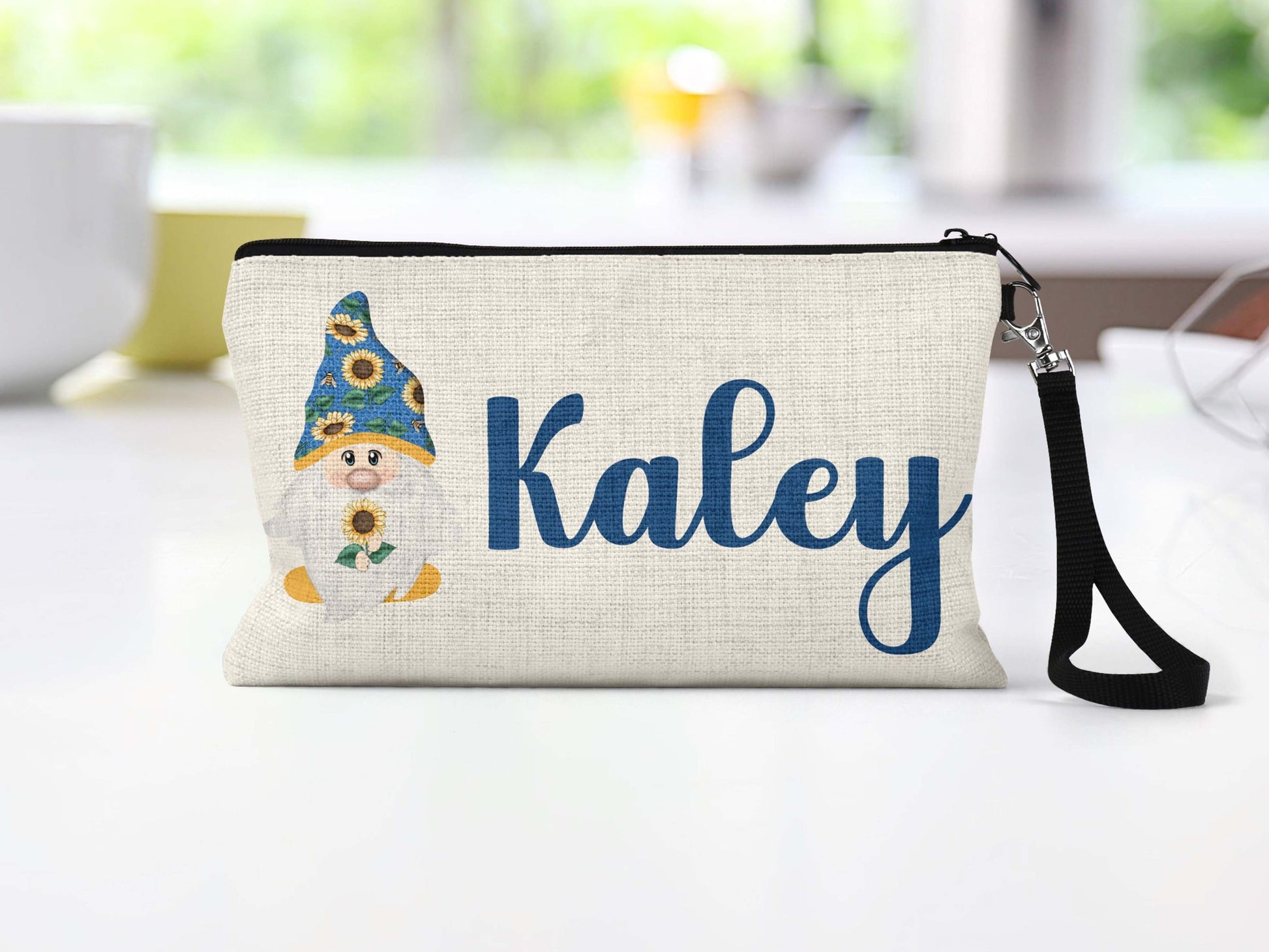 Personalized sunflower gnome makeup bag wristlet