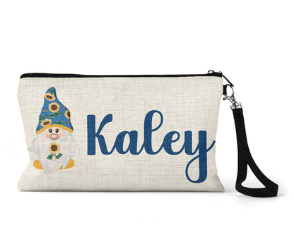 Personalized sunflower gnome makeup bag on counter