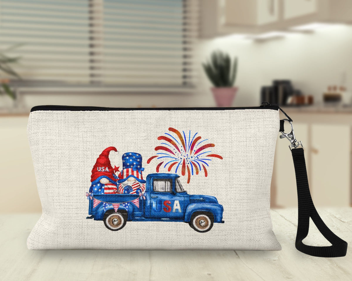 Patriotic gnome truck makeup bag wristlet