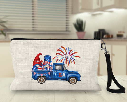 Patriotic gnome truck makeup bag wristlet