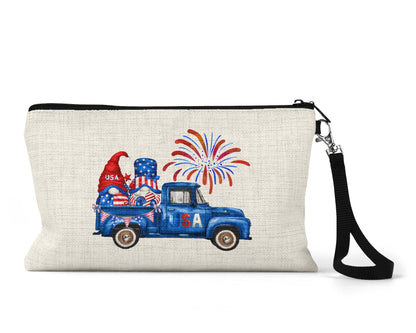 Patriotic gnome truck makeup bag on counter