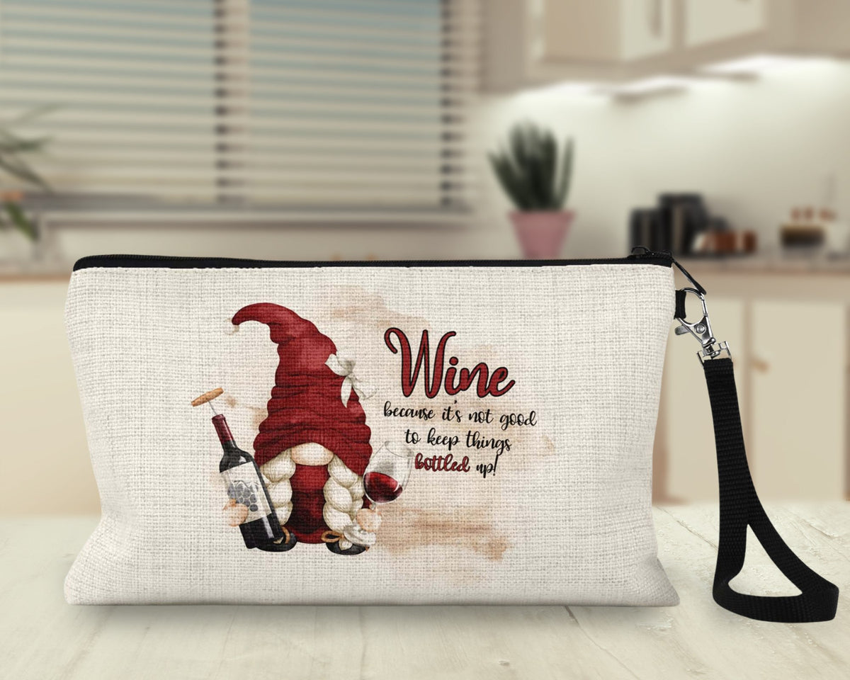 Wine gnome funny makeup bag wristlet