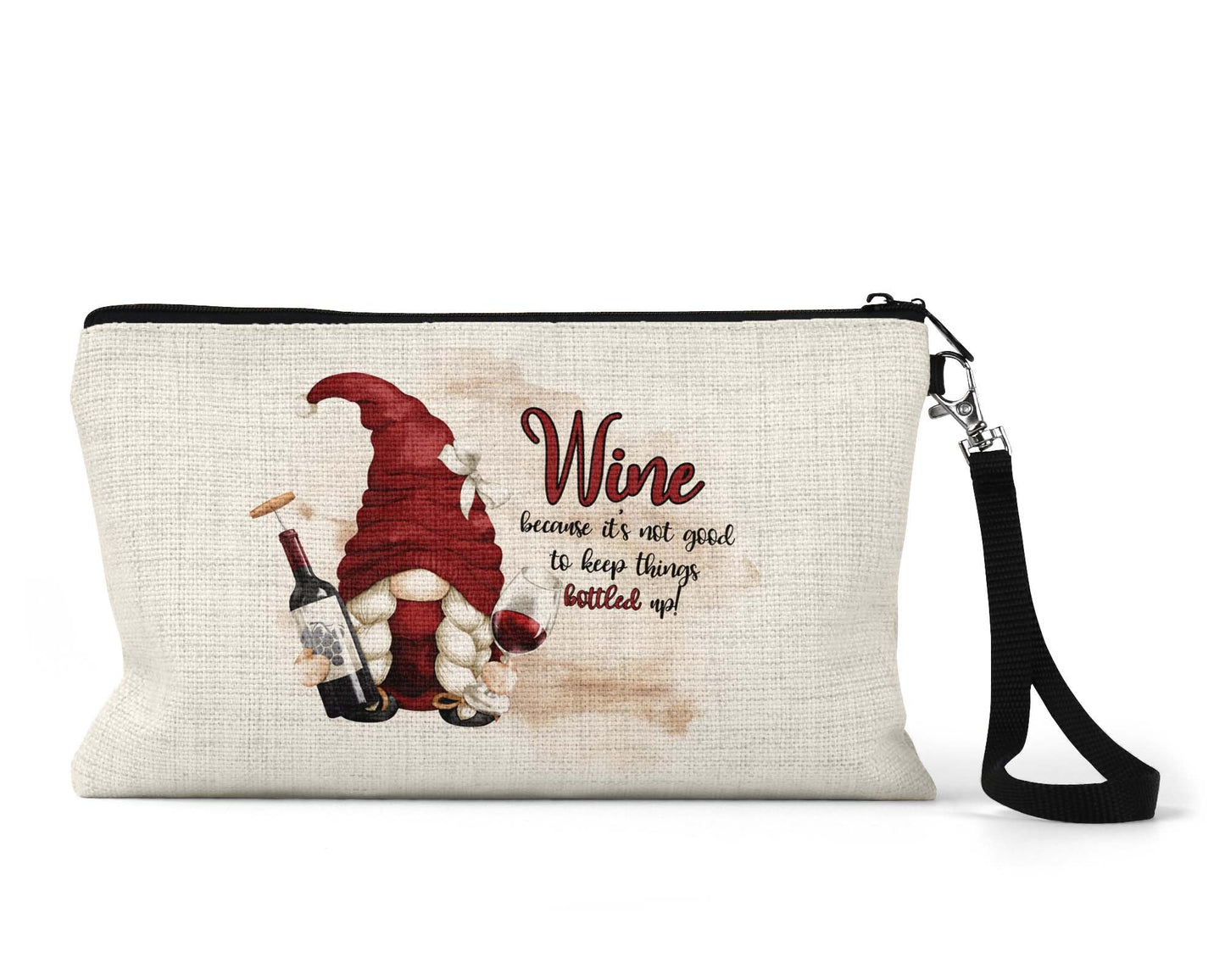 Wine gnome funny makeup bag on counter