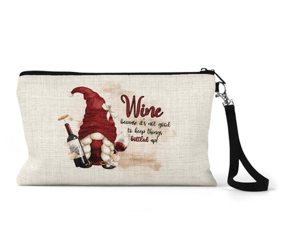 Wine gnome funny makeup bag on counter