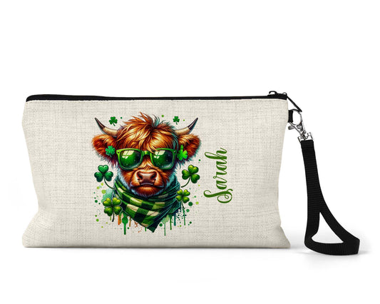 Personalized Irish highland cow makeup bag wristlet