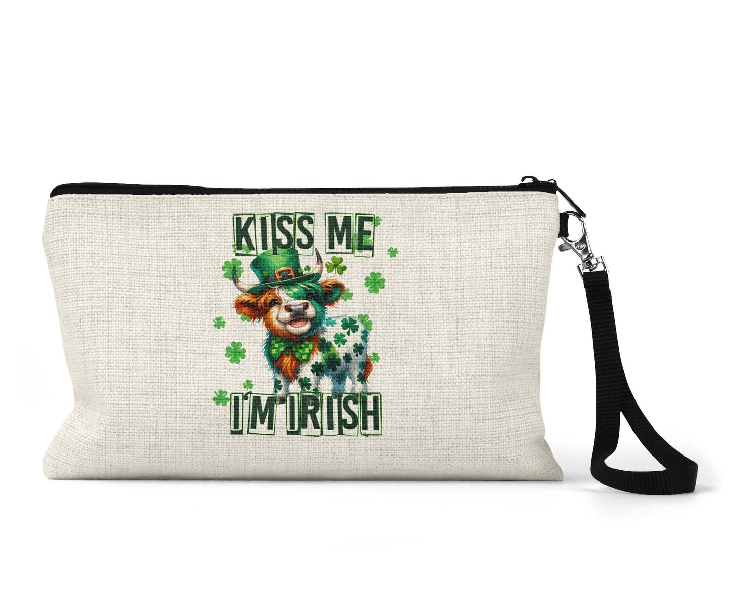 Kiss me I'm Irish highland cow makeup bag wristlet
