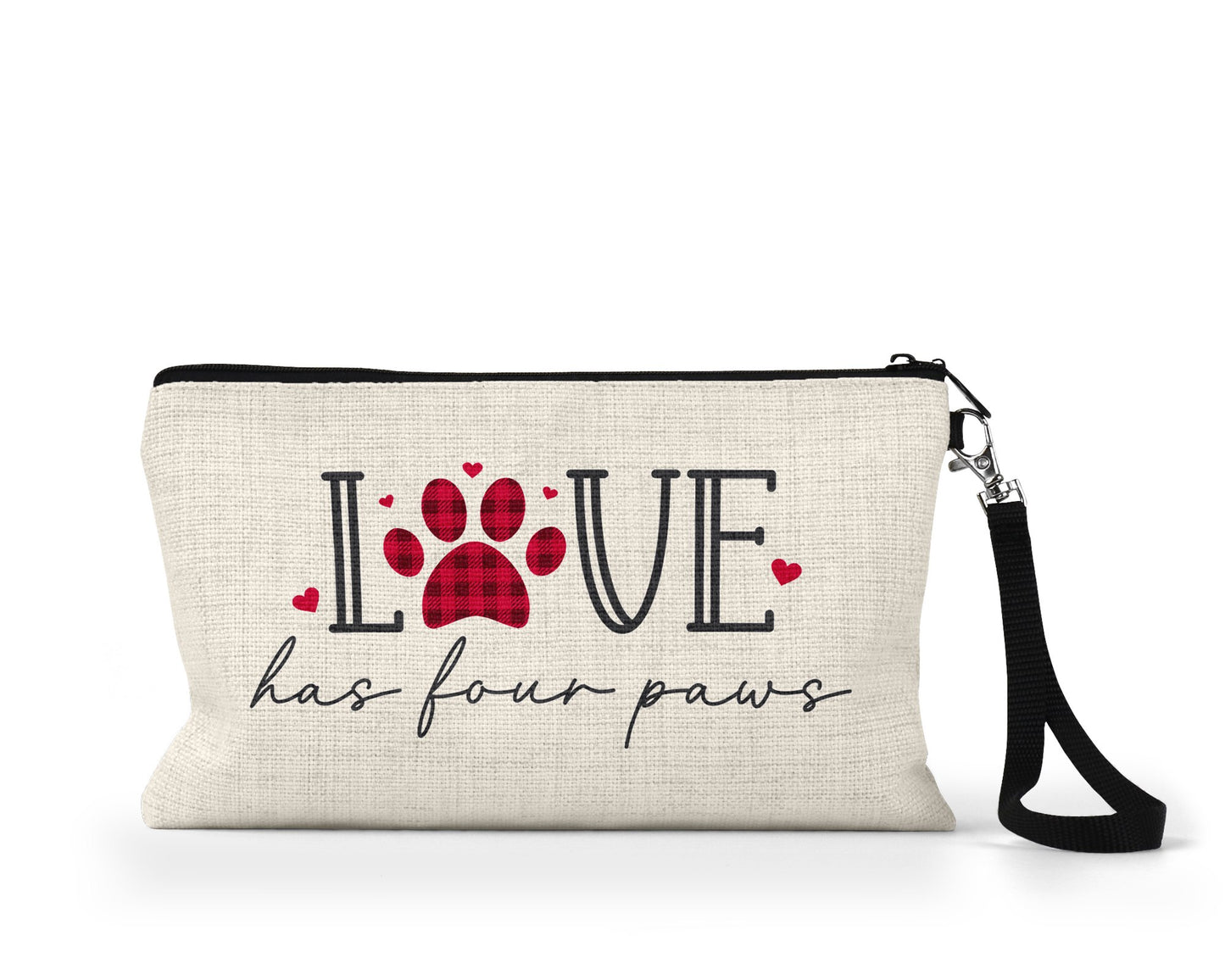 Love has four paws makeup bag on counter