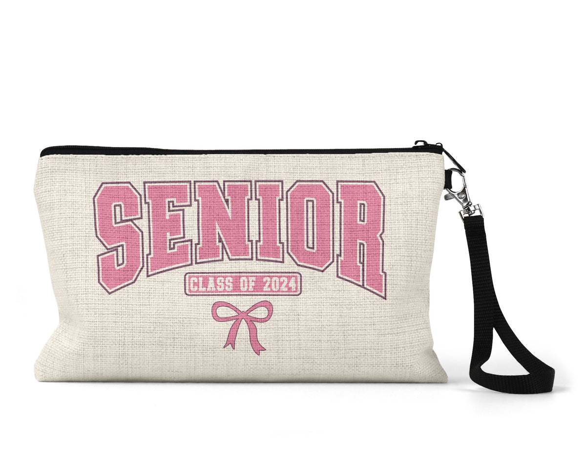 Senior pink bow makeup bag on counter