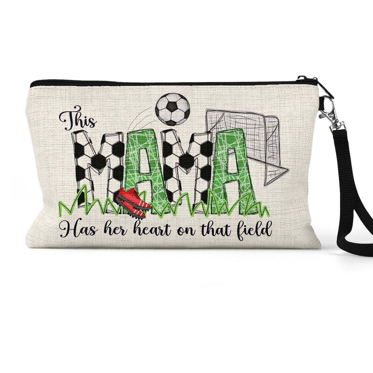 Soccer mama makeup bag on counter