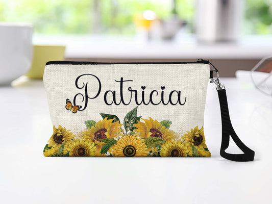 Personalized sunflower name makeup bag wristlet
